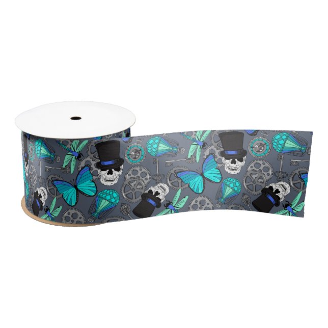 Steampunk Vintage Skulls and Butterflies Grunge Satin Ribbon (Spool)