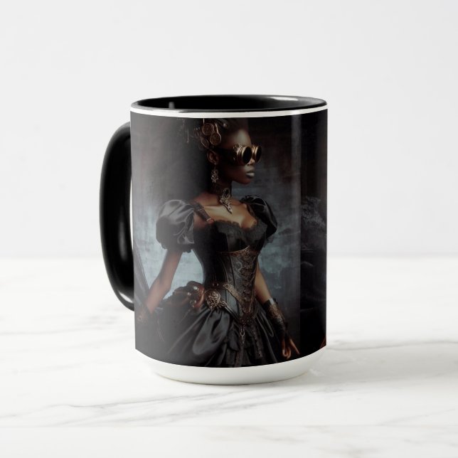Steampunk Vintage Victorian Lady Black Raven Mug (Front Left)