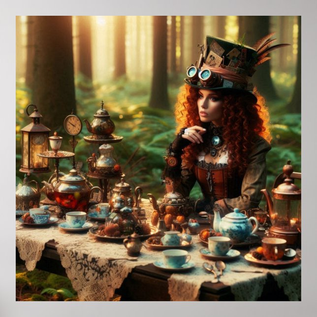 Steampunk Vintage Victorian Lady Mad Hatter Poster (Front)