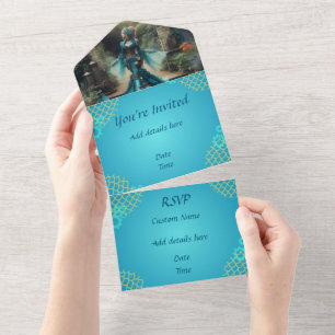 Steampunk Vintage Victorian Lady Teal Mermaid All In One Invitation