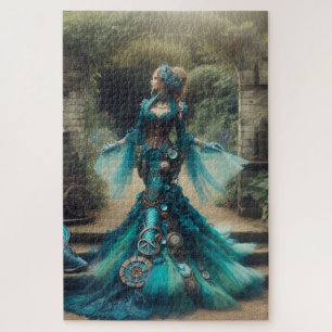 Steampunk Vintage Victorian Lady Teal Mermaid Jigsaw Puzzle
