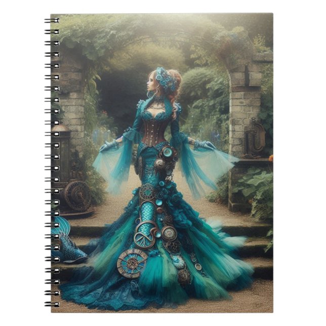Steampunk Vintage Victorian Lady Teal Mermaid Notebook (Front)