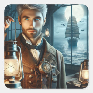 Steampunk Vintage Victorian Lighthouse Keeper Square Sticker