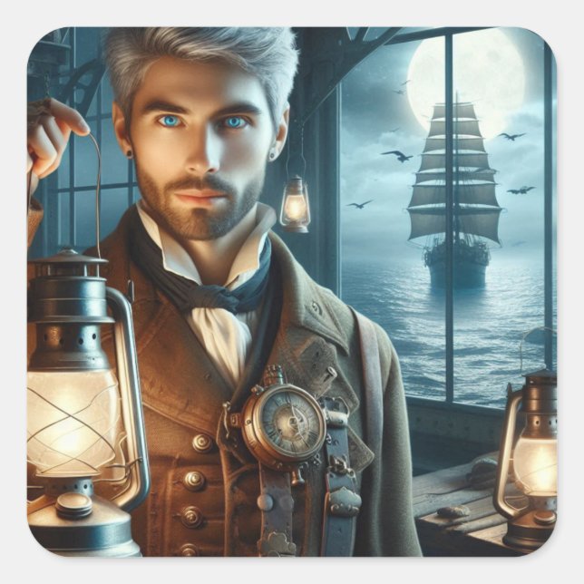 Steampunk Vintage Victorian Lighthouse Keeper Square Sticker (Front)