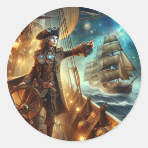 Steampunk Vintage Victorian Ocean Space Pirate Classic Round Sticker