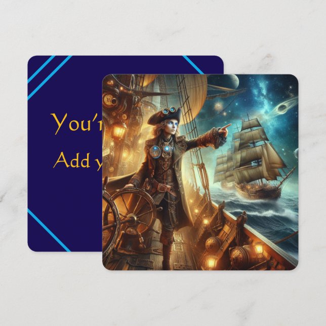 Steampunk Vintage Victorian Ocean Space Pirate Invitation (Front/Back)