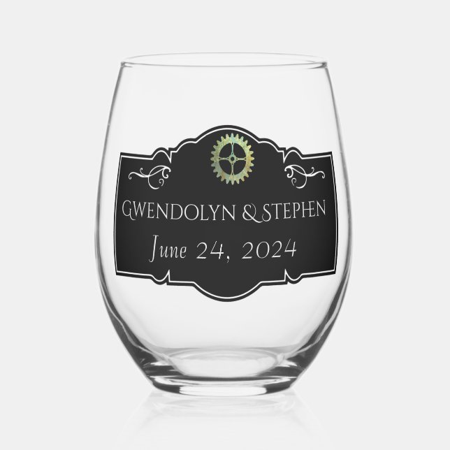 Steampunk Vintage Wedding Personalised  Stemless Wine Glass (Left)