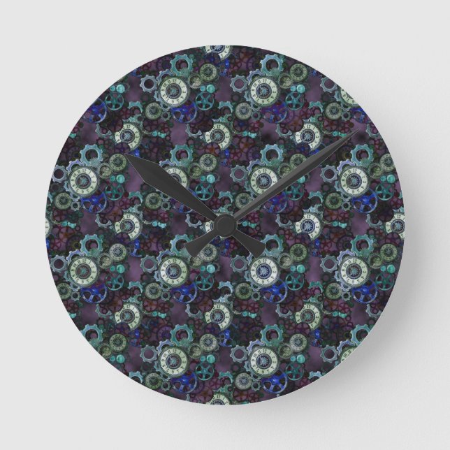 steampunk watch parts - purple print by LeahG Round Clock (Front)