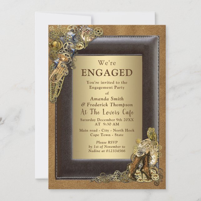 Steampunk Wedding On Suede Engagement Invitation (Front)