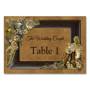 Steampunk Wedding On Suede Table cards