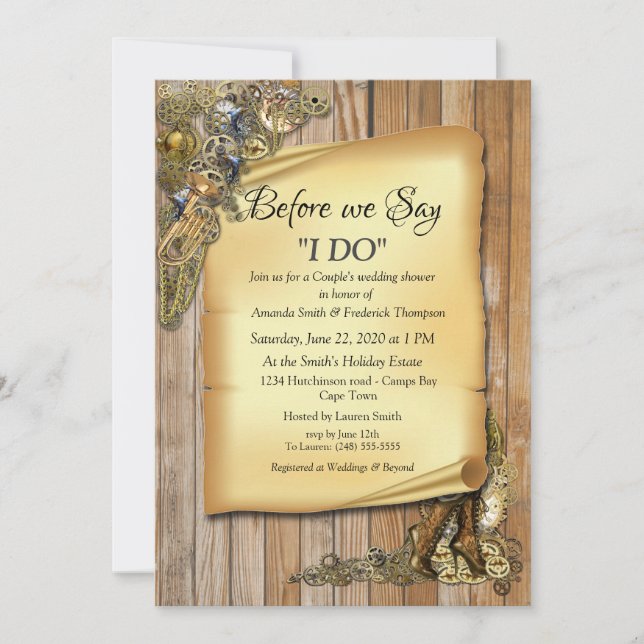 Steampunk Wedding On Wood Wedding Shower Invitation (Front)