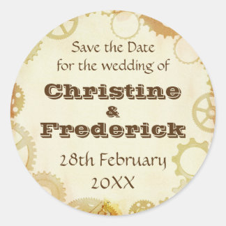 Steampunk Wedding, round save the date sticker