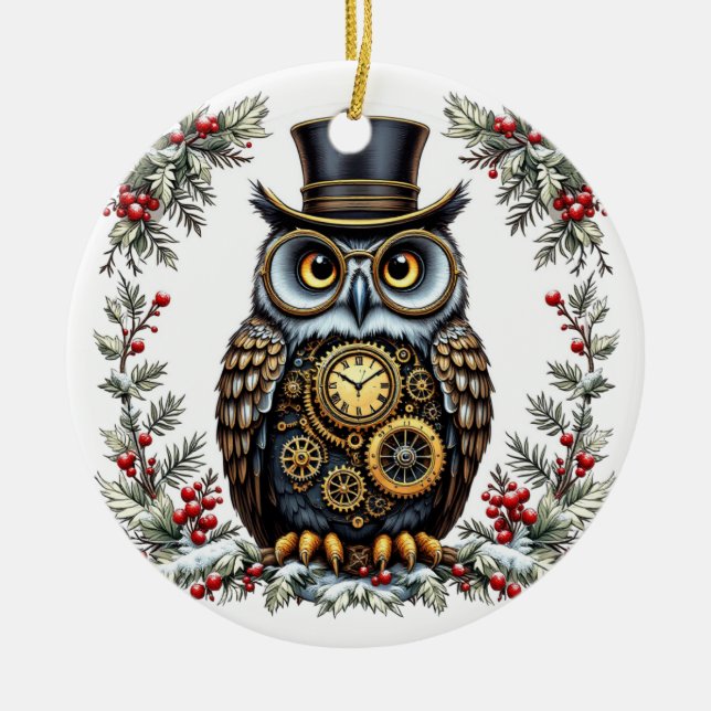 Steampunk Weihnachts-Eule Ceramic Tree Decoration (Front)