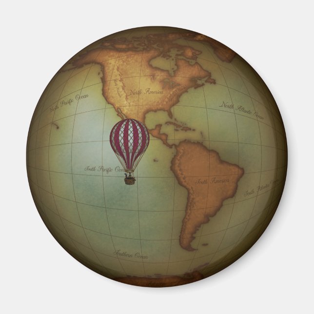 Steampunk Western Hemisphere Map Hot Air Balloon Magnet (Front)