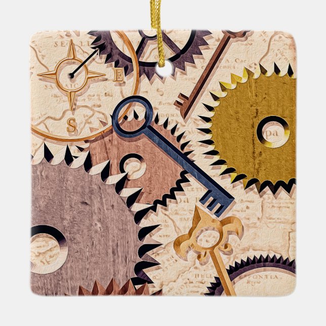 Steampunk Wheels, Gears, Keys, Old Map Oil Paint Ceramic Ornament (Front)