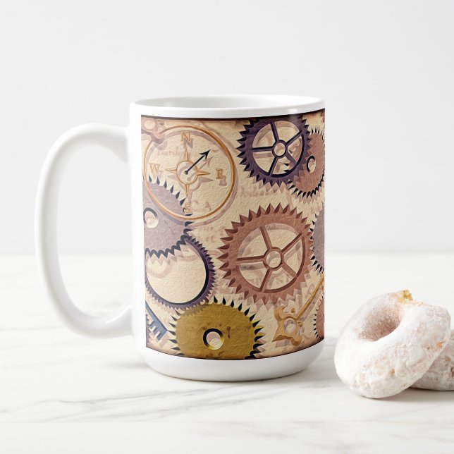 Steampunk Wheels, Gears, Keys, Old Map Oil Paint Coffee Mug (With Donut)