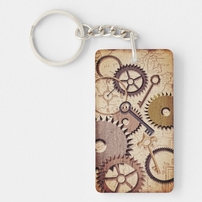Steampunk Wheels, Gears, Keys, Old Map Oil Paint Key Ring (Front)