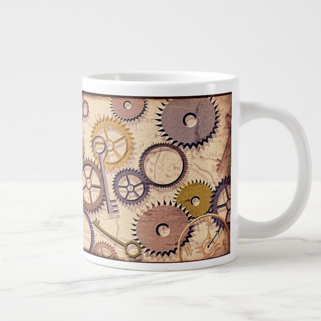 Steampunk Wheels, Gears, Keys, Old Map Oil Paint Large Coffee Mug (Right)