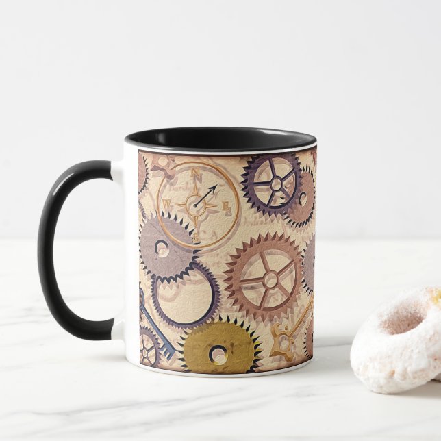 Steampunk Wheels, Gears, Keys, Old Map Oil Paint Mug (With Donut)