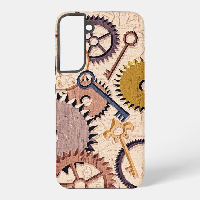 Steampunk Wheels, Gears, Keys, Old Map Oil Paint Samsung Galaxy S22+ Case (Back)
