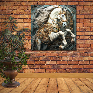 Steampunk White Stallion Gold Gears Emerald Gems Poster