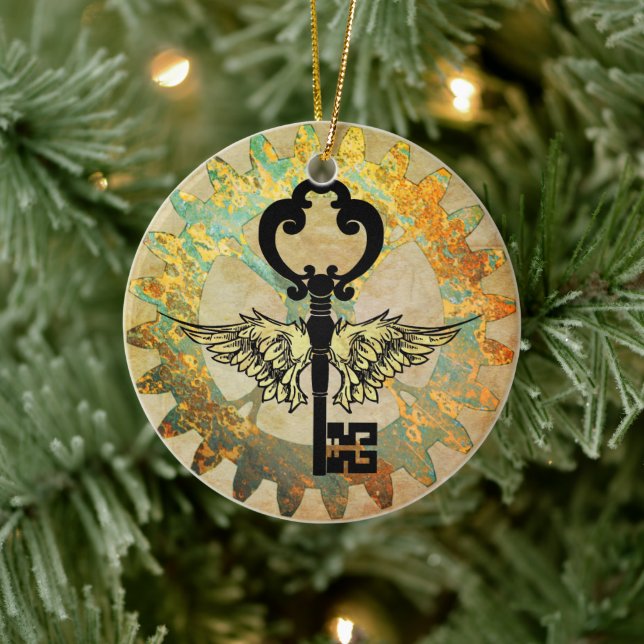 Steampunk Winged Key and Cog Wheel Ceramic Tree Decoration (Tree)