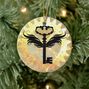 Steampunk Winged Key and Cog Wheel Ceramic Tree Decoration