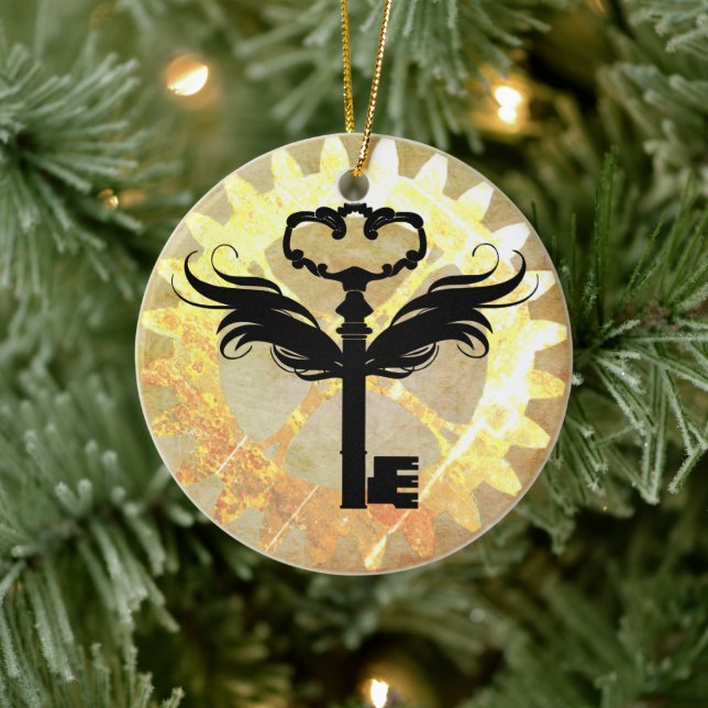 Steampunk Winged Key and Cog Wheel Ceramic Tree Decoration (Tree)