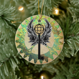 Steampunk Winged Key and Cog Wheel Ceramic Tree Decoration