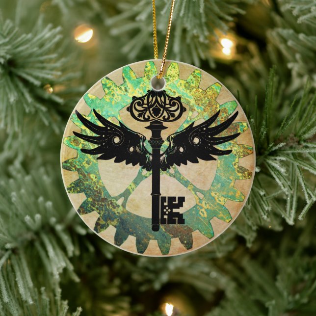 Steampunk Winged Key and Cog Wheel Ceramic Tree Decoration (Tree)