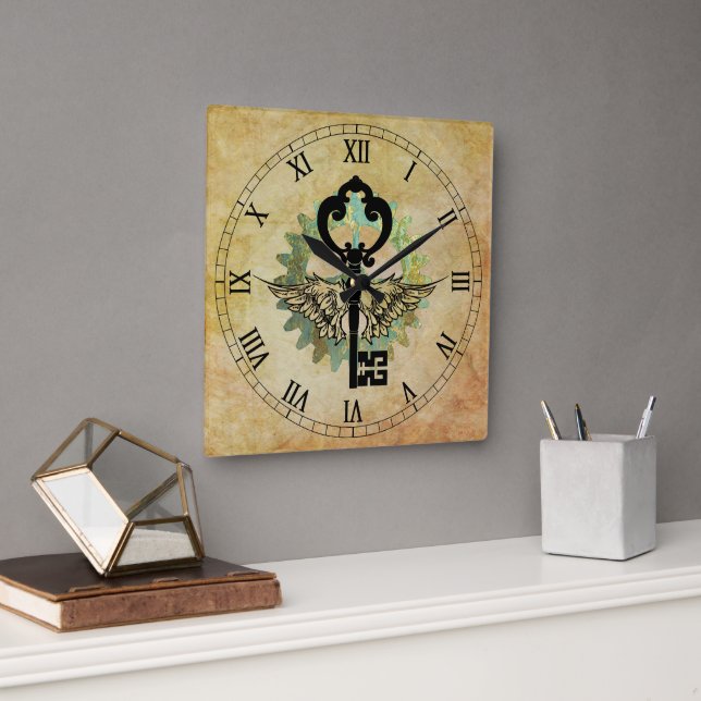 Steampunk Winged Key & Cog Wheel Square Wall Clock (Office)