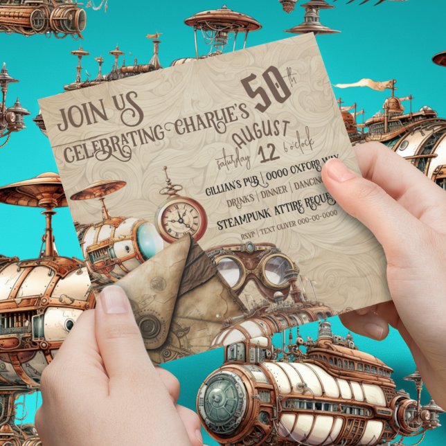 Steampunk with Blimps Maps Goggles Celebration Invitation (Chic industrial steampunk collage with airships and goggles on customizable party invitations. )