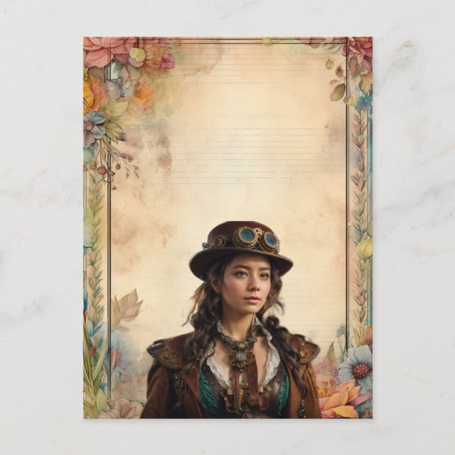 Steampunk Woman and Vintage Floral Stationary Postcard (Front)