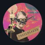 Steampunk Woman Trailblazer Pop Art  Large Clock<br><div class="desc">Kitschy collage features tinted 1930s photo cutout of woman with added steampunk goggles,  vintage light fixture and flying machine,  washi tape with "trailblazer" text on colourful magenta pink and gold pop art background</div>