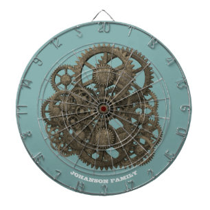 Steampunk Worn Gears Blue 19th Century Machine Dartboard