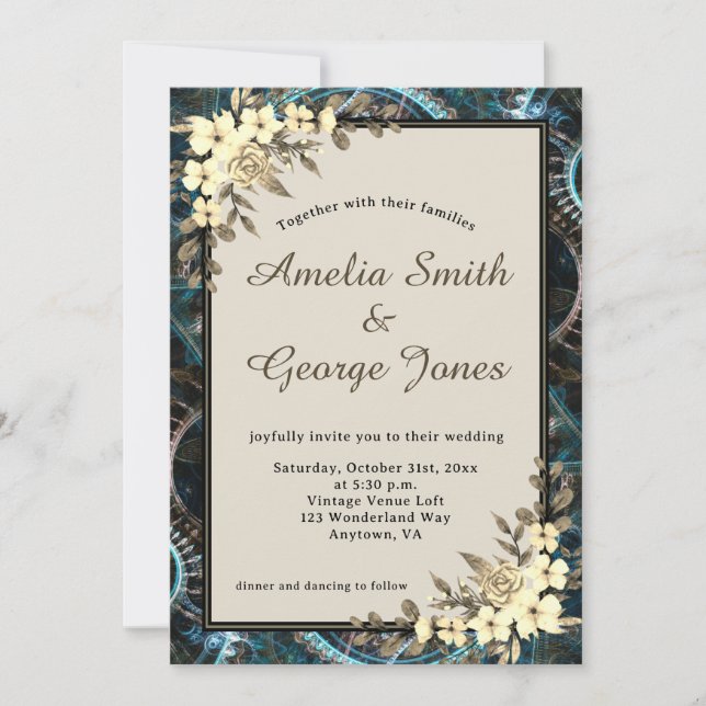 Steampunk Yellow Floral and Beige Wedding Invitation (Front)