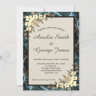 Steampunk Yellow Floral and Beige Wedding Invitation