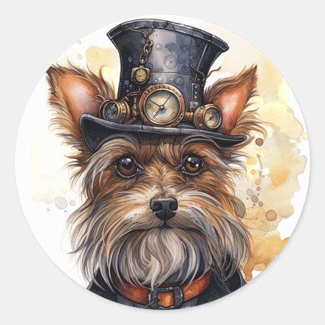 Steampunk Yorkshire Terrier Dog Classic Round Sticker (Front)