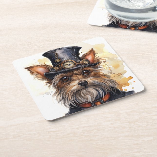 Steampunk Yorkshire Terrier Dog Square Paper Coaster (Angled)