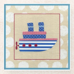 Steamship with Propeller and Blue Smokestacks Glass Coaster