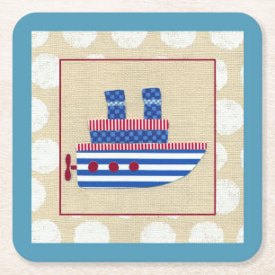 Steamship with Propeller and Blue Smokestacks Square Paper Coaster