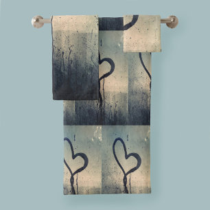 Steamy Hearts Blue Beige Black Bath Towel Set