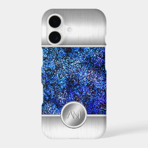 Steel and blue glitter monogram phone case