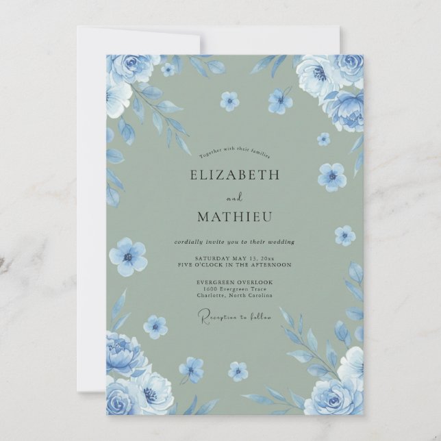 Steel Azure Blossom Wedding Invitation (Front)