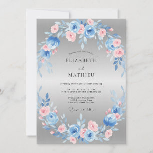 Steel Azure Blush Wreath Wedding Invitation