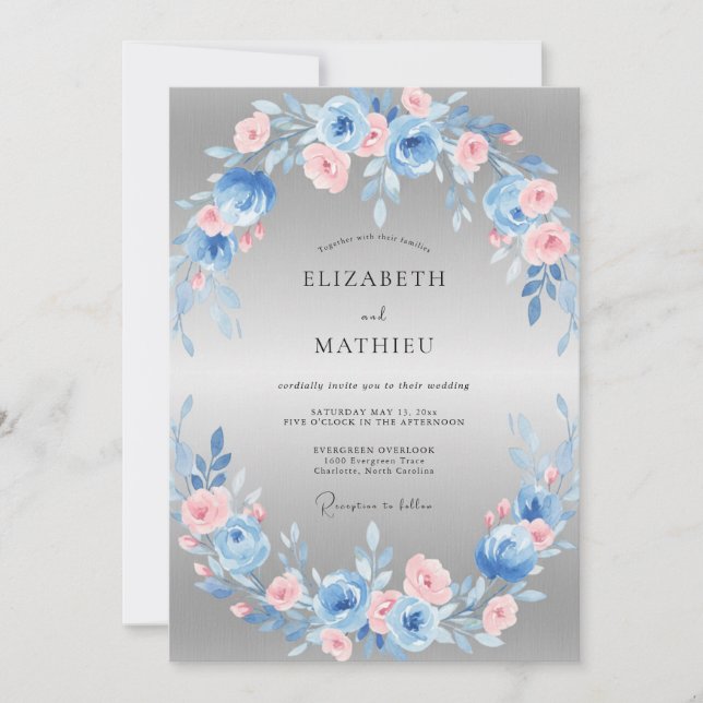 Steel Azure Blush Wreath Wedding Invitation (Front)