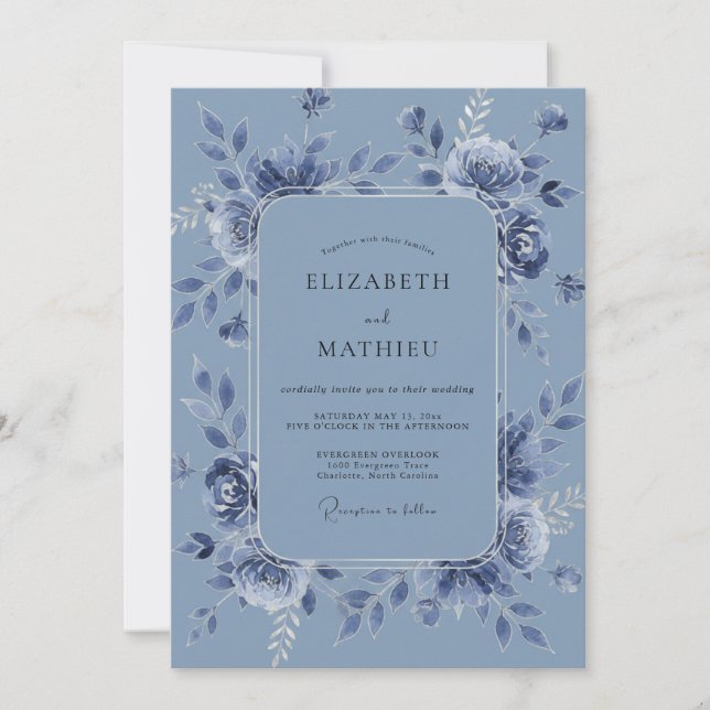 Steel Azure Peony Wedding Invitation (Front)