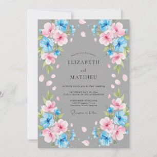 Steel Azure Pink Petal Wedding Invitation
