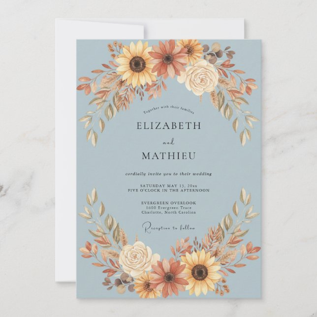 Steel Azure Sunflower Eucalyptus Wedding Invitation (Front)