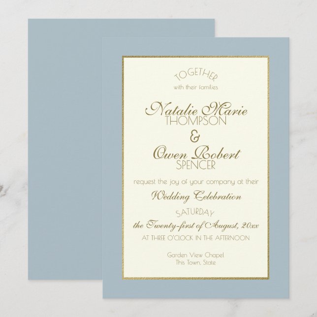 Steel Blue and Gold Wedding Invitation (Front/Back)